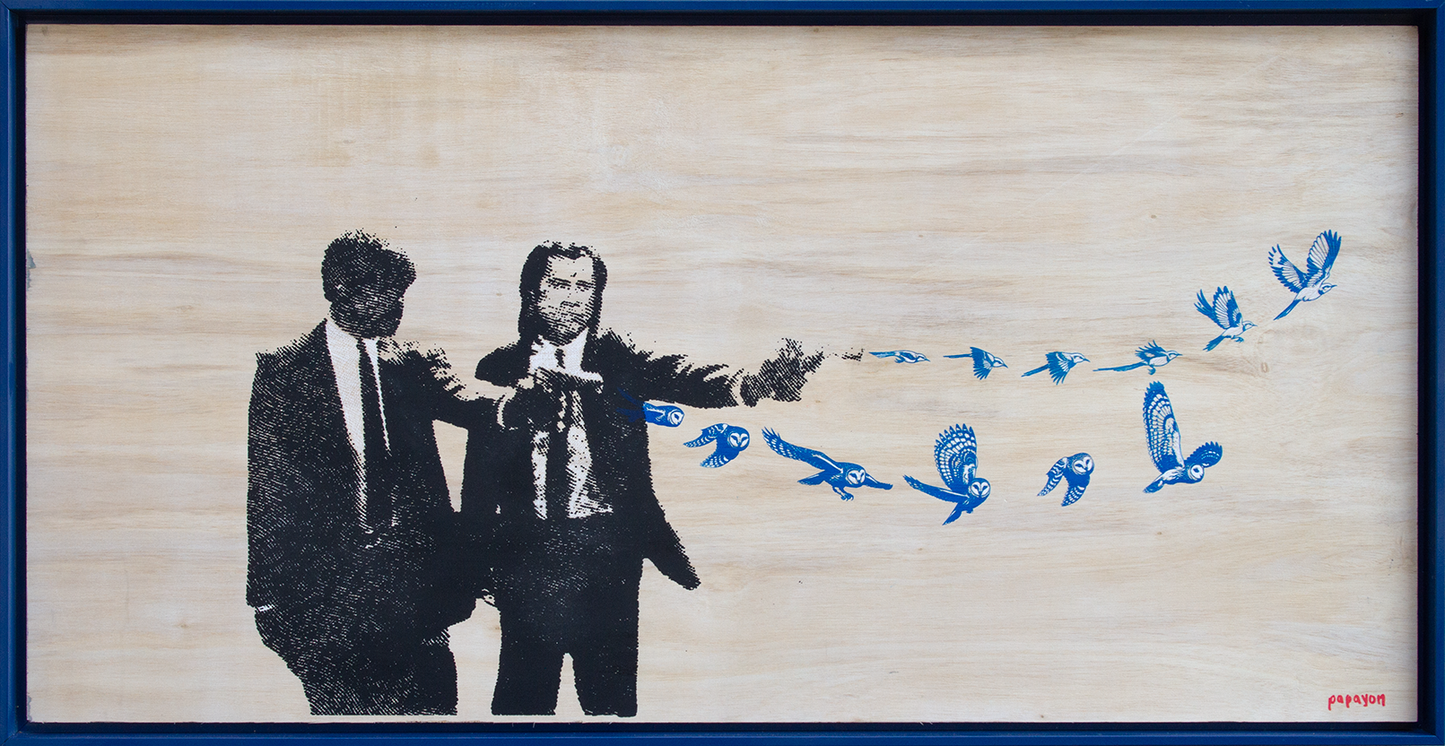 Fight from Fiction — Ink on woodpanel by Papayon