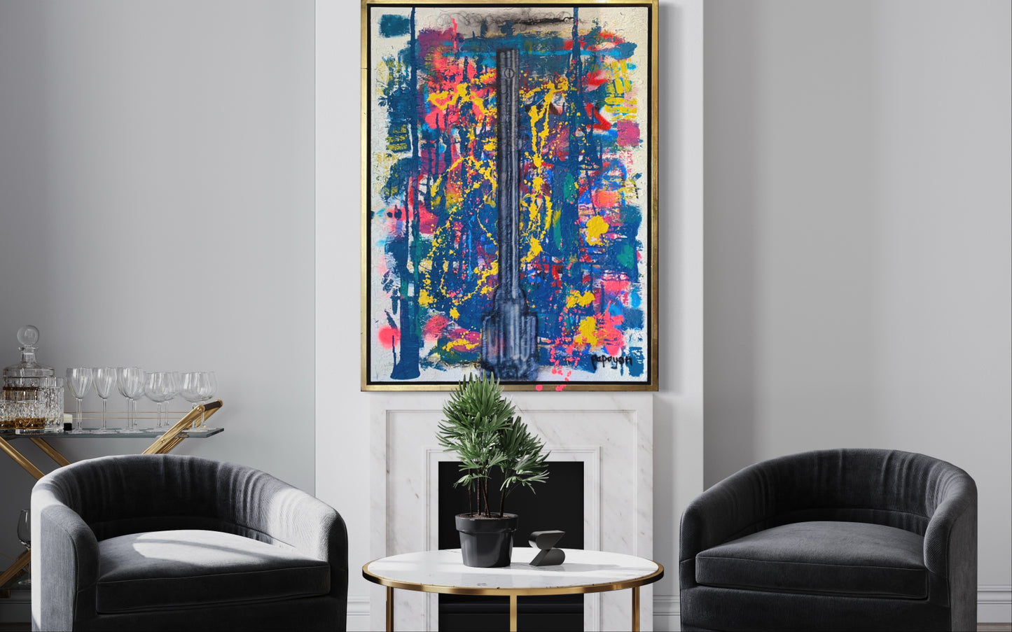 Revolver — Mixed media painting framed by Papayon