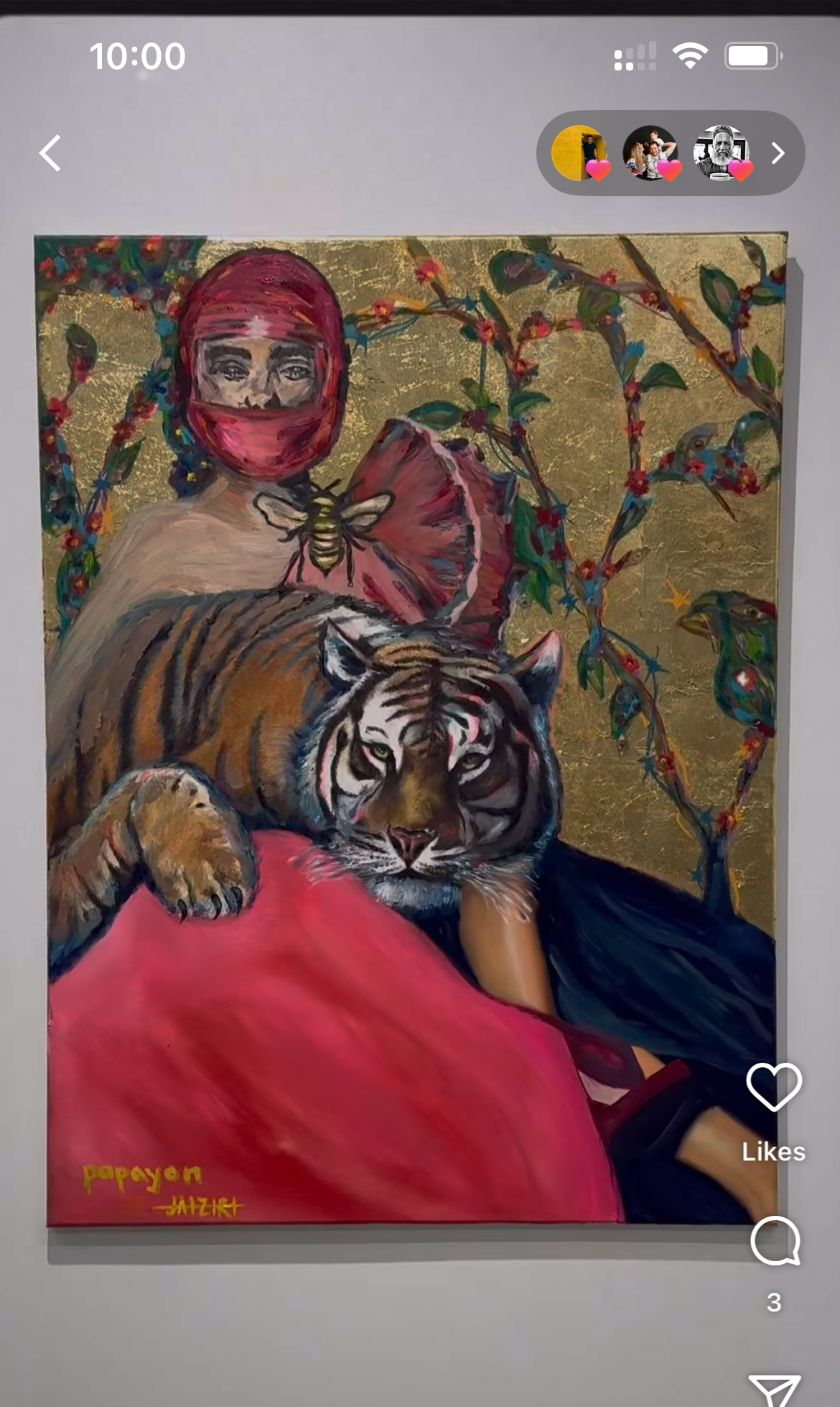 Artistic depiction of a person with a tiger on a colorful background