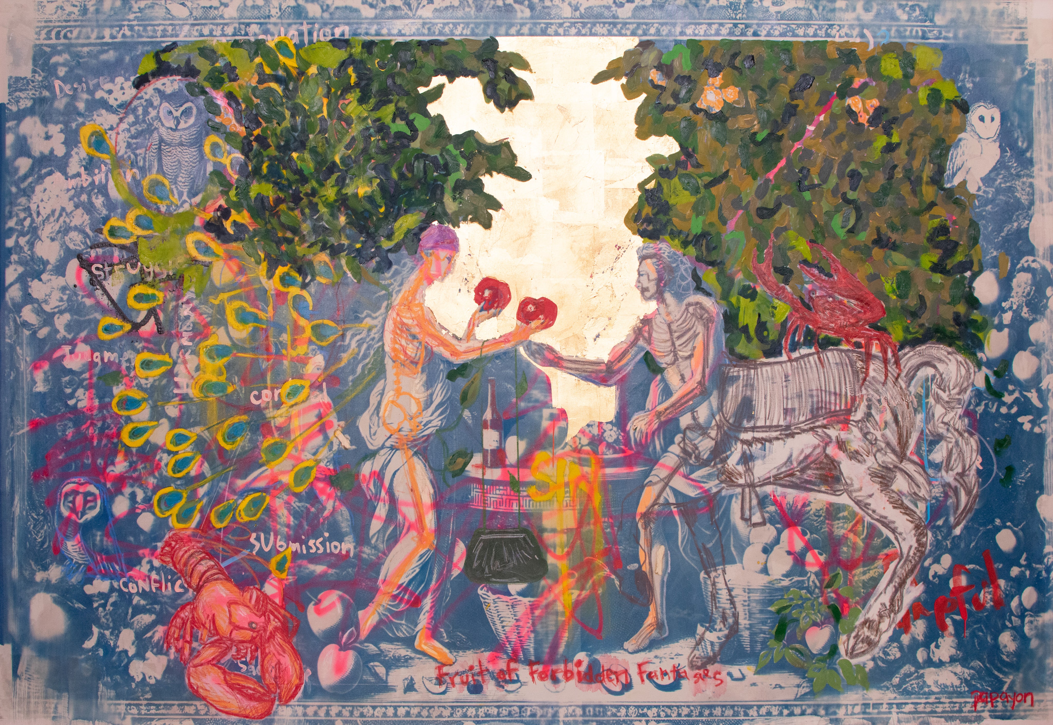 Forbidden — Original Artwork by Papayon - Mixed media cyanotype on canvas