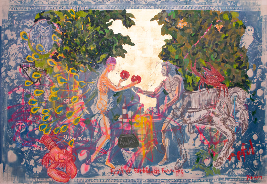 Forbidden — Original Artwork by Papayon - Mixed media cyanotype on canvas