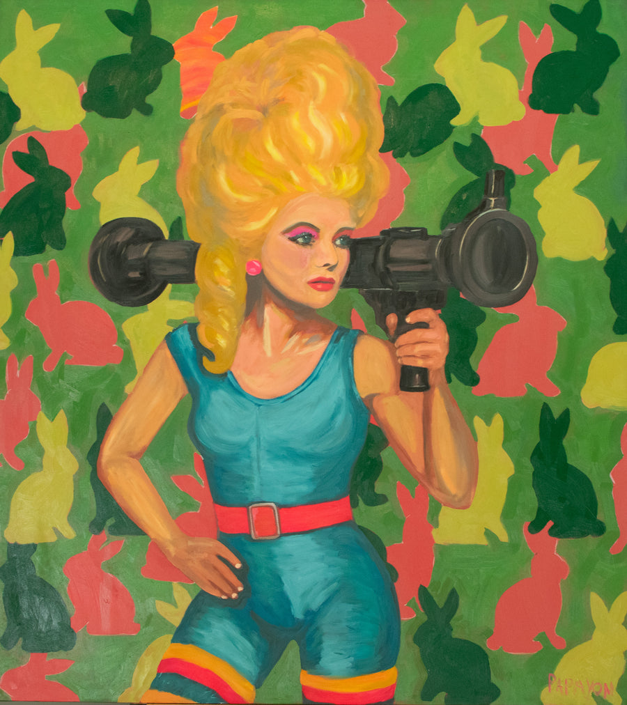 Glamour as Armor — Original artwork by Papayon | Mixed media oil on canvas 2025