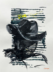 The Weight Beneath the Hat — Original artwork by Papayon – Cyanotype and ink on paper