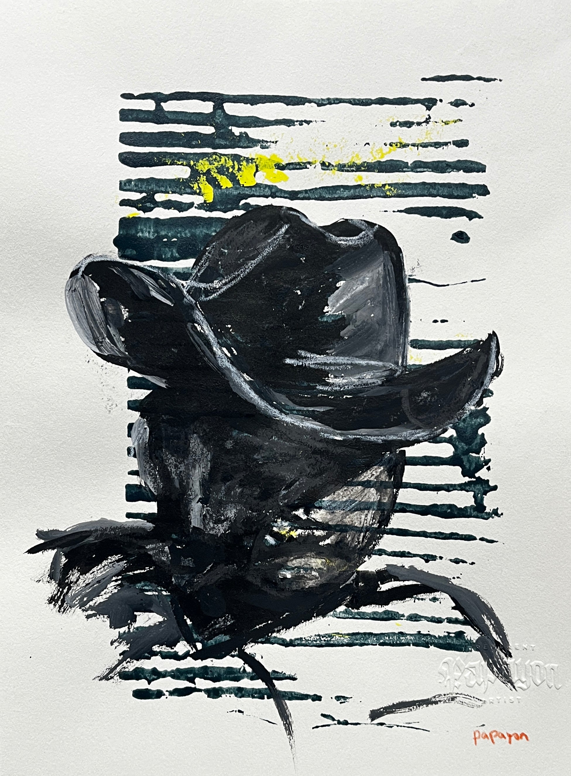 The Weight Beneath the Hat — Original artwork by Papayon – Cyanotype and ink on paper