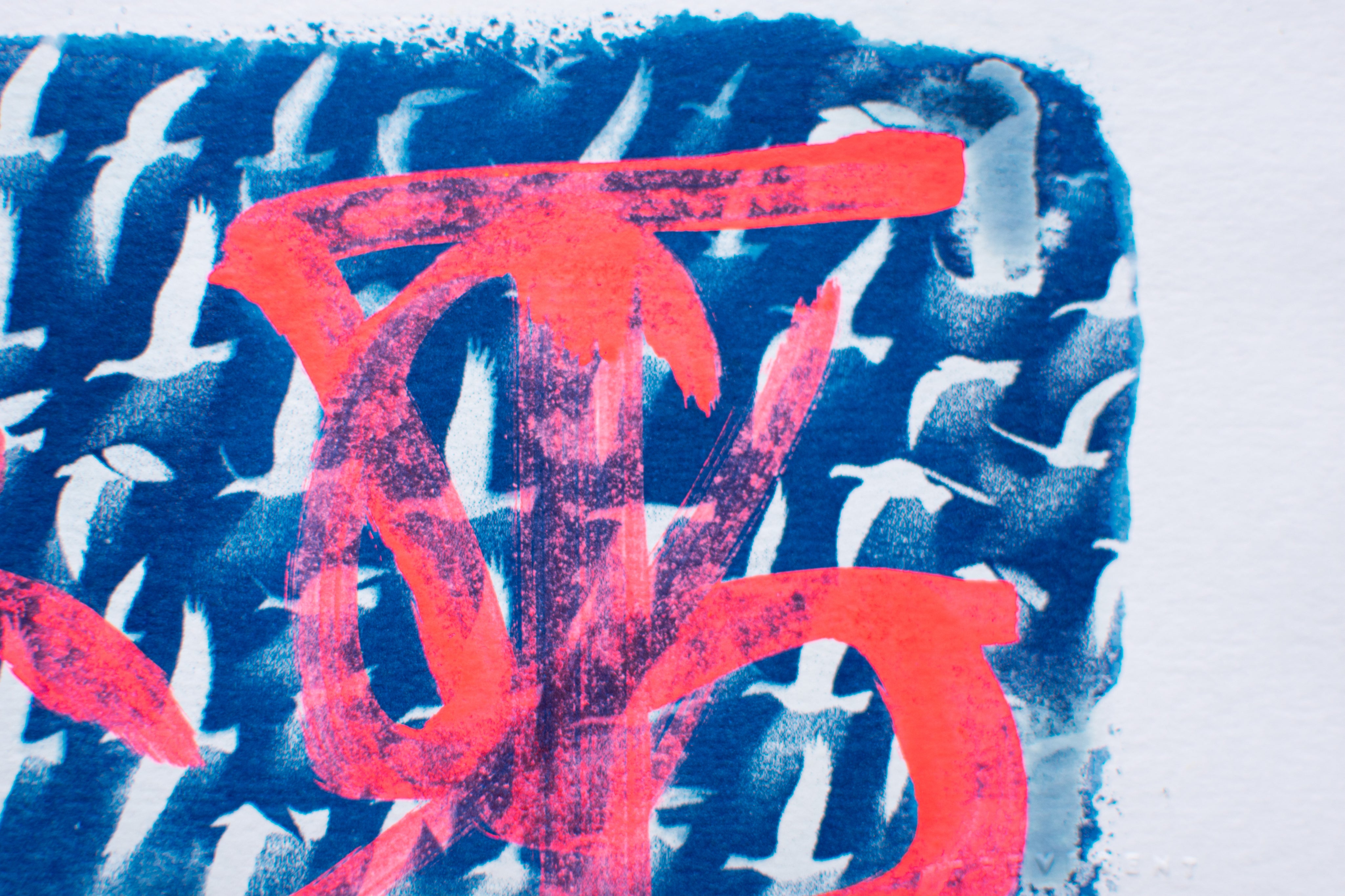 Mark the Flight — Mixed media cyanotype on paper by Papayon