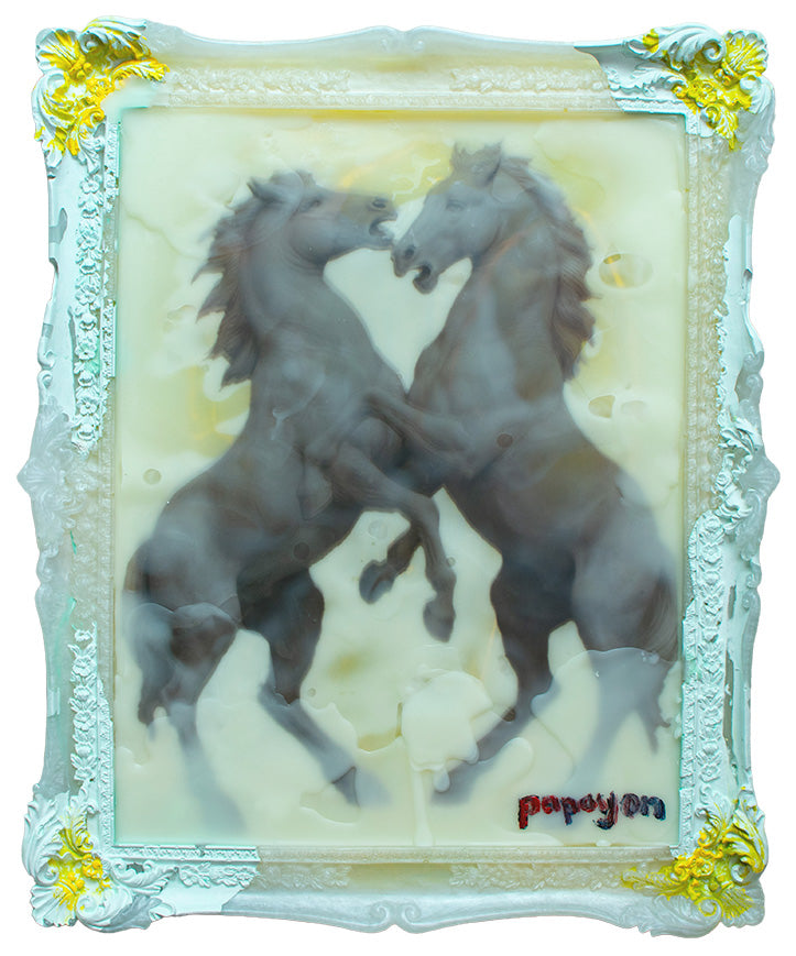 The Contest — Original artwork by Papayon – Framed resin, and encaustic painting