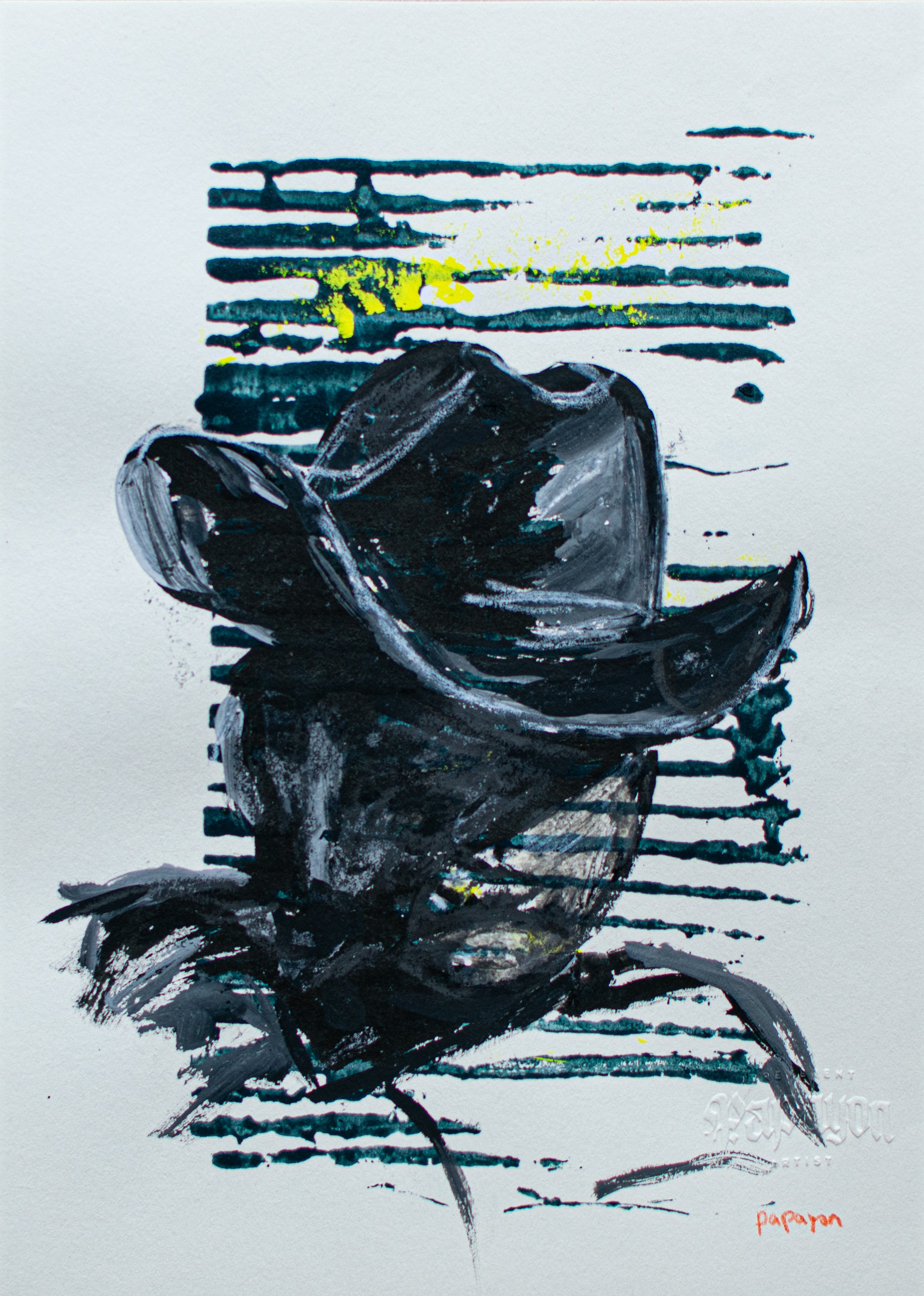 The Weight Beneath the Hat — Original artwork by Papayon – Cyanotype and ink on paper