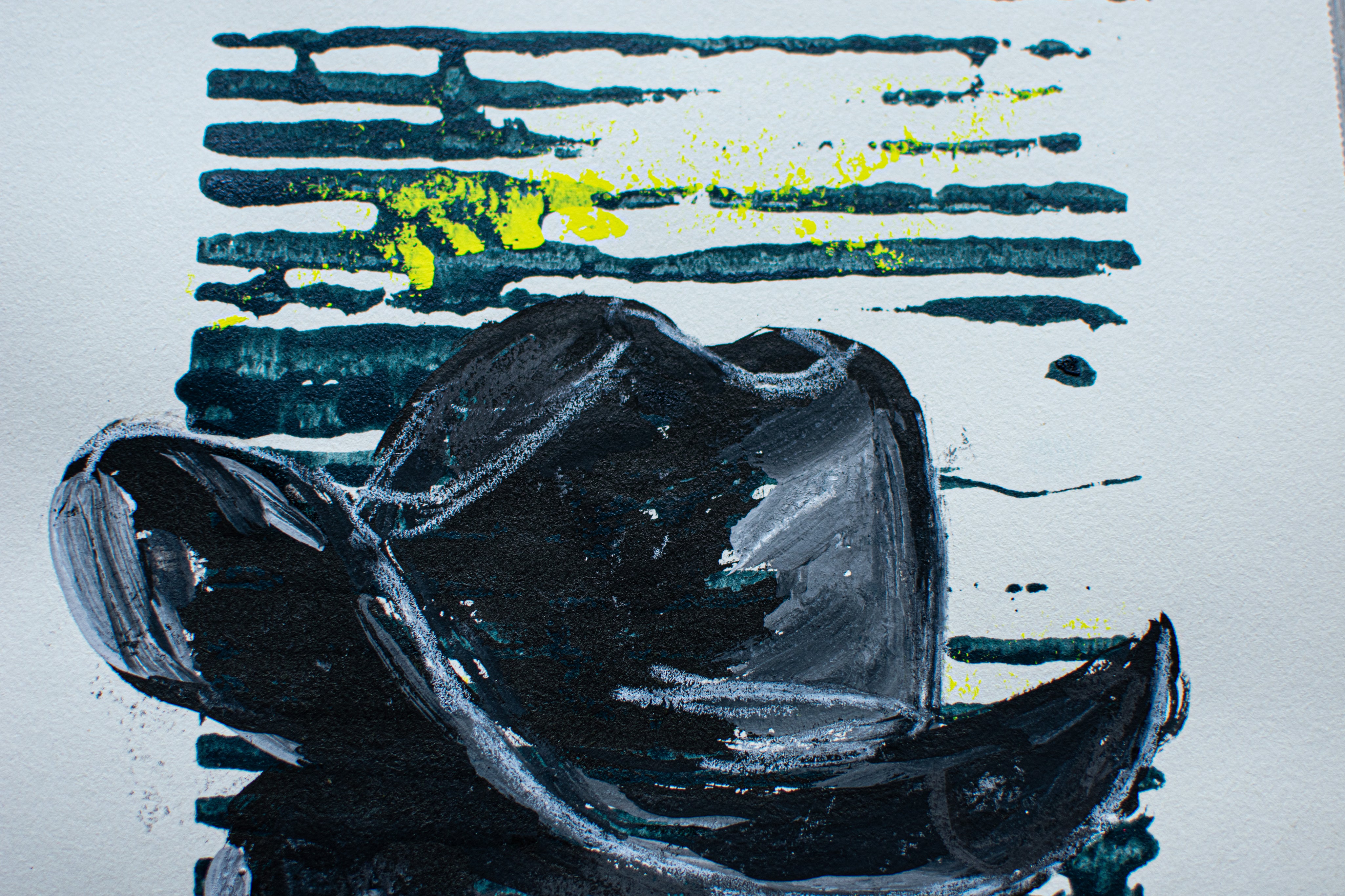 The Weight Beneath the Hat — Original artwork by Papayon – Cyanotype and ink on paper