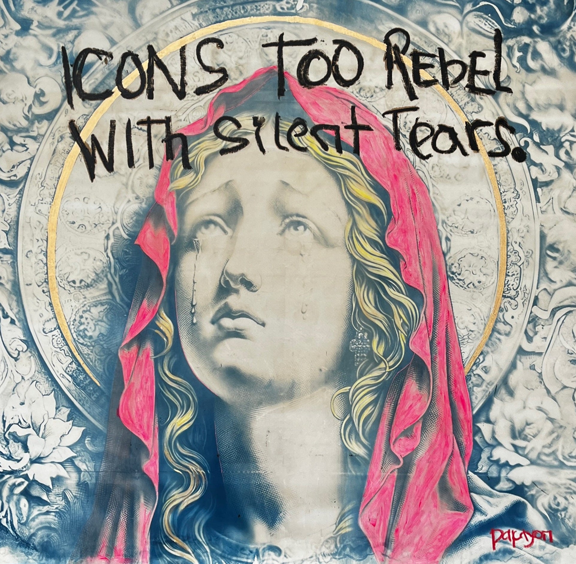 Artistic depiction of a religious figure with text 'Icons Too Rebel With Silent Tears' on a decorative background.